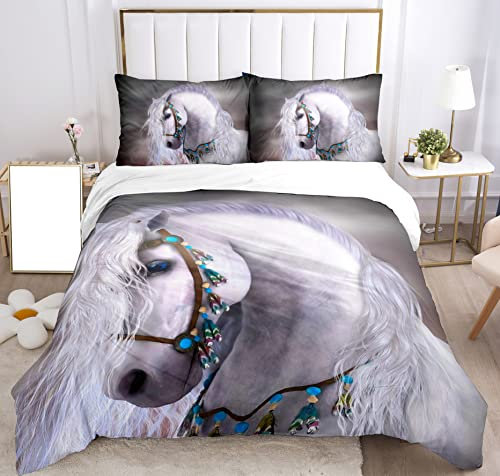 SHUAIG Set di biancheria da letto con Cavallo,3D set di biancheria da letto per bambini con motivo di cavalli animali e copripiumino, per bambini, ragazzi, adolescenti.(Cavallo grigio,200x200cm)