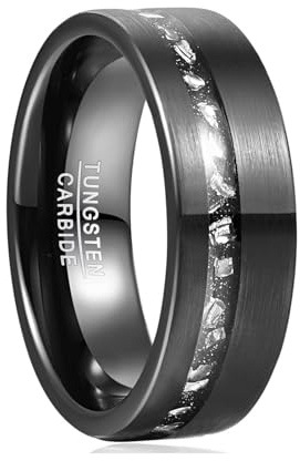 Vakki 8mm Ringe für Herren Schwarzer Herrenring mit Meteoritenimitat-Einlage, Wolfram Ring für Hochzeit und Alltag, Größe 60(19.1)