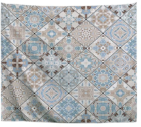 A.Monamour Wandteppiche Wanddekor Tuch Braune Und Blaue Abstrakte Muster Im Mosaikset Im Orientalischen Stil Stoff Wandtuch Wandbehang Wandkunst Wandbilder für Schlafzimmer Schlafsaal 153x203cm