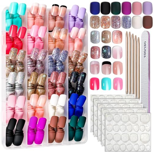 FANDAMEI Press on Nails, 24 Colors 576PCS Press on Nails Short Square Matte Glossy. Glitter Nails Short Round. Natural Fit Lightweight Fake Nails Natural for Nail Art