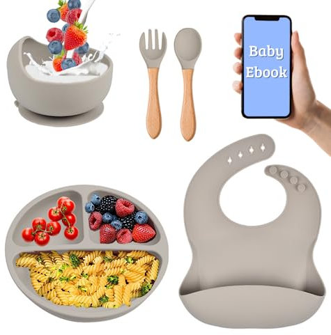 Coffrets Repas | Assiette Ventouse pour Bébé | Sans BPA | Comprend une assiette à ventouse, un bol à ventouse, une cuillère et une fourchette, un bavoir + cadeau EBOOK | Ventouse extra-forte