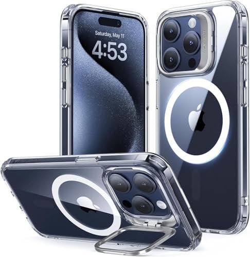 ESR for iPhone 15 Pro Case, Compatible with MagSafe, Military-Grade Protective Case, Built-In Stash Stand Phone Case, Scratch-Resistant Back Cover, Classic Series, Clear