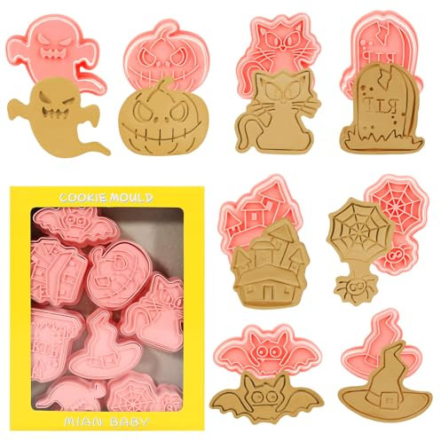 KATELUO Halloween Ausstecher, 8pcs Halloween Keksaussteche, Halloween Ausstechformen, 3D Pressbare Keksstempel Keksausstecher, Halloween Ausstecher für Halloween Deko, Ausstechformen Formen (A)