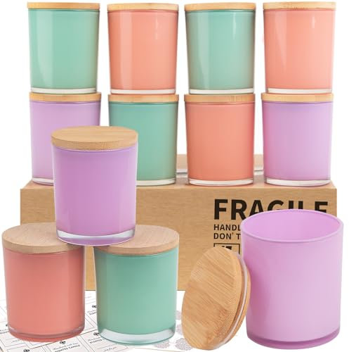 CONNOO 12 Stück 284 ml Frühlingsglas-Kerzengläser für die Herstellung von Kerzen mit luftdichten Bambusdeckeln, schöne klebrige Warnetiketten für die Kerzenherstellung, leere Behälter, Bulk –