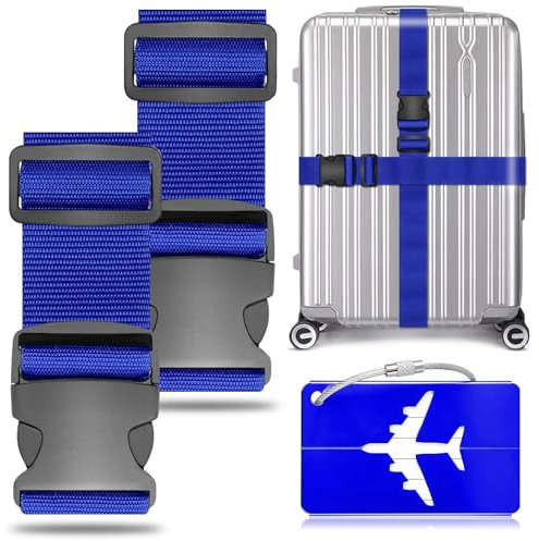 2 Stück Koffergurt Kofferband Gepäckgurt Einstellbare Kofferband mit 1 Stück Kofferanhänger, Gepäckband für Schnell erkennen Gepäck Reisetasche Koffer