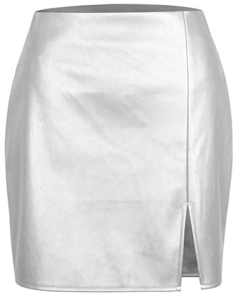 Damen Rock Wetlook Minirock Stretch Metallic Skinny Kurz Hohe Taille Wrap PU Leder Röcke Slim Kunstleder Bleistiftröcke Bodycon Steampunk Partyröcke mit Schlitz Clubwear Silber L
