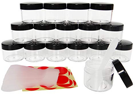 Wopanxye 16pcs 20ml Small Travel Sample Jars, 20 Gram Empty Refillable Cosmetic Container Tin, Plastic Round Pot BLACK Screw Cap Lid, Tiny 20g Bottle for Makeup Eyeshadow Nails Powder Cream Essence