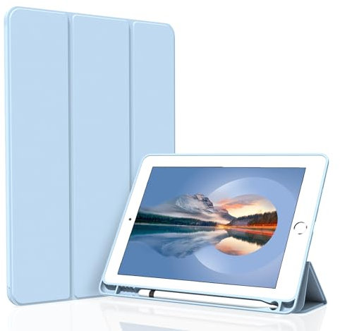 Figair Hülle für iPad 9./8./7. Generation 10,2 Zoll, Weicher TPU Rückseite Ultradünn Leicht Smart Schutzhülle, Auto Schlafen/Wecken Hülle mit Stifthalter für iPad 10,2” 2021/2020/2019, Hellblau