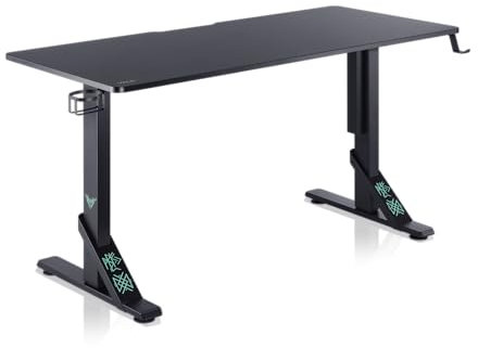 VALK Skuld - Mesa Gaming 136x60cm, Altura Regulable, Gestión de Cables, Mesa Escritorio Solida y Elegante, hasta 100kg, Accesorios para Vasos y Auriculares, Creada en España (Negra)