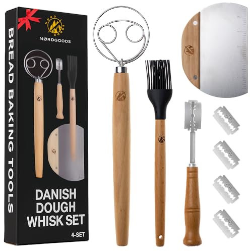 Danish Dough Whisk Set of 4, Bread Whisk, Dough Hook, Sourdough and Bread Making Tool Kit, Includes Wooden Bench Scraper, Bread Brush and Pastry
