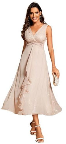 Ever-Pretty Women's Cocktail Dress Glitter Sleeveless Swing Party Dress Waist Knot Design Champagne 26UK