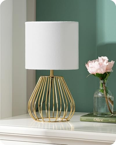 EDISHINE Lampe de Chevet avec Abat-jour en Lin Blanc et Base Doré Métallique en Forme de Goutte, E14 Ampoule LED Incluse de 2700K Blanc Chaud, Lampe de Table Moderne pour Chambre, Bureau, Salon