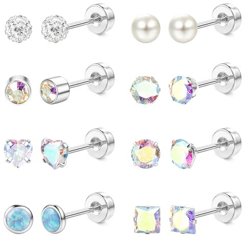 JeweBella 8 Pares Pequeños Pendientes Acero Quirúrgico Mujer Niña Hipoalergenicos Pendientes Zirconia Cúbica Opal Perlas Cartilago Oreja Piercing Oreja Joyería Con Caja de Regalo