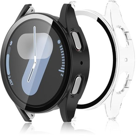 Haofun 2 Piezas Fundas Compatible con Samsung Galaxy Watch 7 44mm, para Protector Pantalla Cristal Templado HD Protección Completa PC Dura Estuche Case - Transparente + Negro