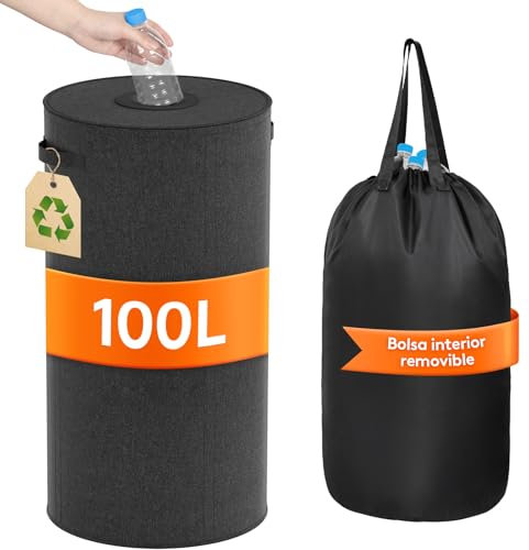 Lifewit 100L Collecteur de Bouteilles Rond avec Couvercle, Poubelle Cuisine Tri Selectif avec Trou, Poubelle Recyclage pour Bouteilles Verre, Récipient de Collecte de Consignées, Noir