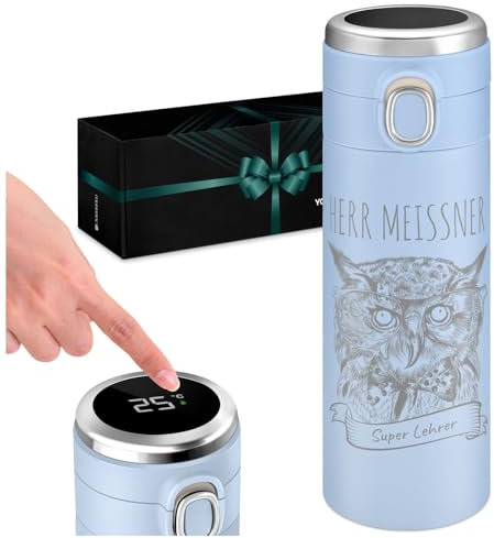Maverton Trinkflasche mit Gravur 400 ml mit LED-Touch-Anzeige - Thermobecher auslaufsicher 100% dicht - Thermosflasche aus Edelstahl - Reisebecher für Männer - blau - Lehrer