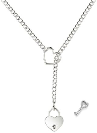 XYTDM Heart O Ring Slip Chain Choker Necklace for Women Men Stainless Steel Cuban Chain Y-shape Necklace Punk Rock Collar Necklace Adjustable Lariat Y Necklace Prom Necklace Jewelry (Silver lock)