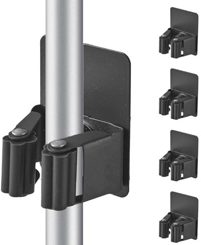 Cokshy Mop Broom Holder, 4 Pcs Broom Holder Stainless Steel Self Adhesive Heavy Duty Garden Tool Organizer Rack Wall Mount for Kitchen Bathroom Closet Garden Garage - Dark Grey