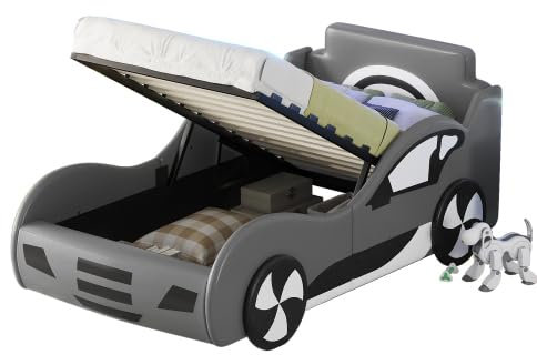 Generisch Kinderbett, Einzelbett für Jungen, Cartoon-Autobett, Massivholzbett, einfaches modernes Bett, Cartoon-Multifunktionsbett mit Stauraum unter dem Bett, Grau