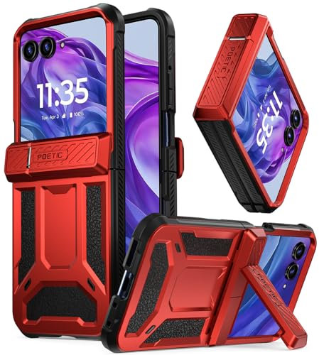 Poetic Spartan Schutzhülle für Motorola Moto Razr + Plus 2024/Moto Razr+ Plus 2025, [Ständer][Scharnierschutz], Ganzkörper-Schutzhülle, robust, stoßfest, mit Ständer, Metallic-Rot