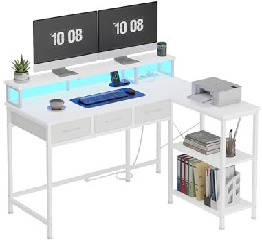 KIMENICH Mesa para Ordenador, Escritorio, Mesa Gaming con LED, 3 Cajones, Escritorio Gaming con Enchufe, Mesa de Oficina con Soporte para Monitor, Mesa para PC, Estantes Ajustables, 120 cm, Blanco