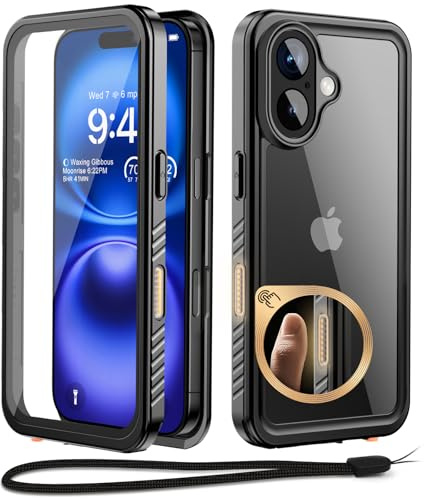 Beeasy für iPhone 16 Hülle Wasserdicht, 360 Grad Outdoor Schutzhülle mit Displayschutz, Wasserfest Handyhülle Stoßfest Staubdicht Panzerhülle für iPhone 16 Case (6,1), Schwarz