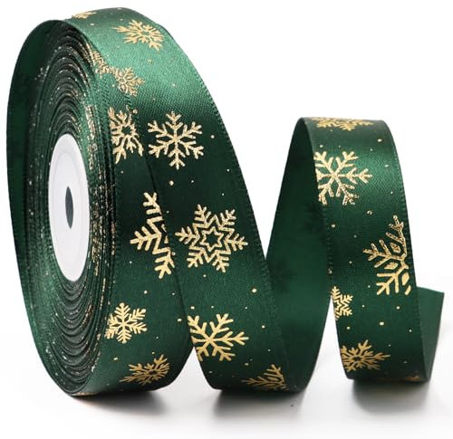 25 Yard Weihnachtsband 2cm breit Geschenkband Satinband Schleifenband Dekoband zum Basteln Band Weihnachten Stoffband Ribbon für Geschenk Weihnachtsbaum Dekoration Weihnachtsdeko (Grün -Schneeflocken)