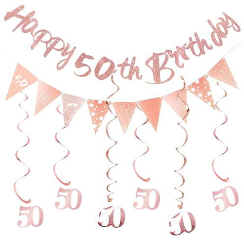 ALEGRE Deko 50 Geburtstag Frau, Girlande 50 Geburtstag Deko Spirale Set, Luftschlangen 50 Geburtstage Frauen,Banner 50. Geburtstage,Spiralen Geburtstagsdeko 50 Jahre,50er Geburtstags Dekorationen Rosa