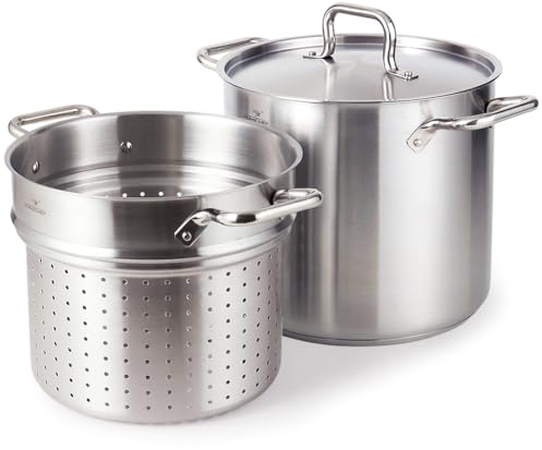 HOMICHEF Pentola per pasta in acciaio inox senza nichel da 13 litri, con colino e coperchio – Cestini in acciaio inox di grado commerciale – Set di pentole a vapore a induzione lucidate opache da 13