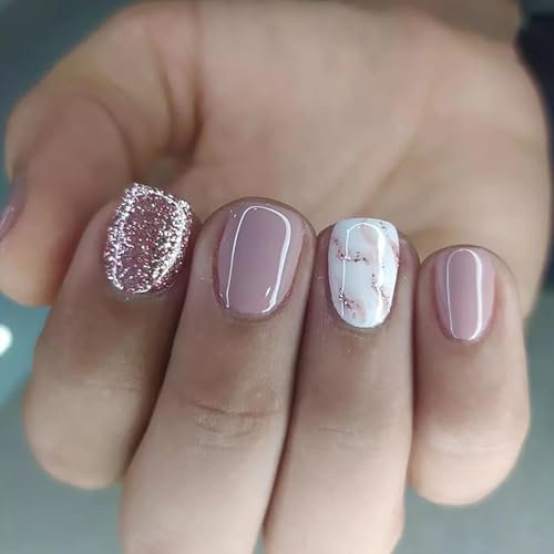 24-Piece Pink Glitter Short False Nails Set - White Marble Press-Ons with Jelly Adhesive and Nail File, Full Cover Fake Nails for Women - Ideal Nail Art Accessory