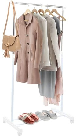 AllRight Kleiderständer mit Rollen Höhenverstellbarer Garderobenständer mit Kleiderstangen und Ablage Stabile Metallkonstruktion Ideal für Schlafzimmer Wohnzimmer und Korridor (Weiß)