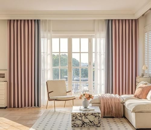 Lirzxin Gardinen Lichtundurchlässig mit Haken 244 cm Lang, Verdunkelungsvorhänge Rosa Grau Verdickt Spleißen Vorhänge für Schlafzimmer Wohnzimmer Kinderzimmer 137x244 cm(B×H), 2er Set