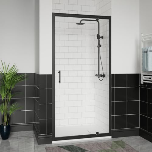 Aquariss 1000x800mm Black Pivot Shower Door Enclosure with Shower Tray | Reversible, Tempered Easy Clean Glass, Zinc Alloy Hinge, 1000mm Shower Screen, White Anti Slip Shower Tray and Waste