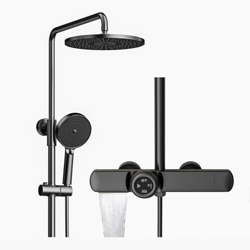 SWHC Columna Ducha Termostatica, 3 Funciones Conjunto Ducha Montaje en Pared Altura Ajustable Set de Ducha con Alcachofa de Ducha de 3 Modos, Rociador Ducha, Caño de Bañera en Cascada