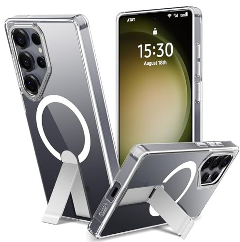 Cover con Cavalletto Metallico per Samsung Galaxy S22 Ultra/S23 Ultra, Compatibile con MagSafe, Custodia Trasparente Anti-Graffio con Supporto Antiurto Protettiva Case, 3 Modalità di Supporto