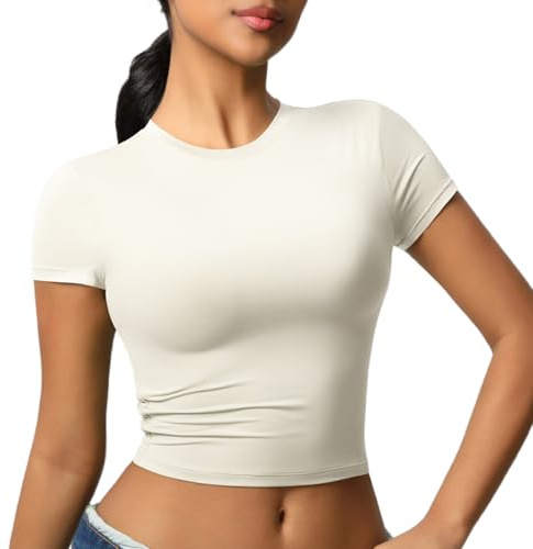 JTSONN Camiseta Deportiva de Manga Corta para Mujer Transpirable Camisa Funcional Camiseta para Correr Camisa de Compresión Cuello Redondo Yoga Fitness Workout Gym Running Crop Top