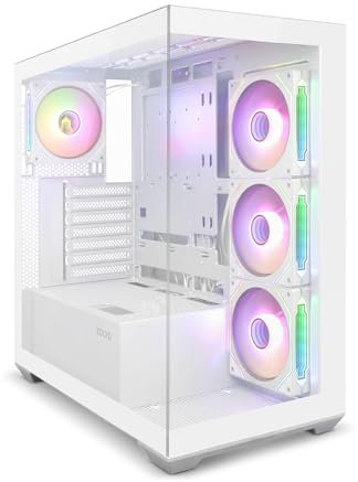 Zolyd Rivexa - Caja Gaming ATX, Ventana Lateral y Frontal Panorámica de Cristal Templado, 4 Ventiladores ARGB de Espejo Infinito, Refrigeración Líquida hasta 400mm, Espacio Interno Optimizado, Blanco