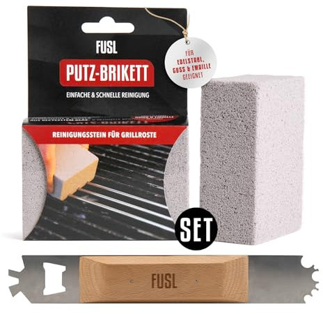 FUSL Grillrost Reiniger Starter Set - Grillschaber & Putz-Brikett - Effektive Reinigung für alle Grillroste (Guss, Edelstahl, Emaille) - gegen hartnäckige Verschmutzung