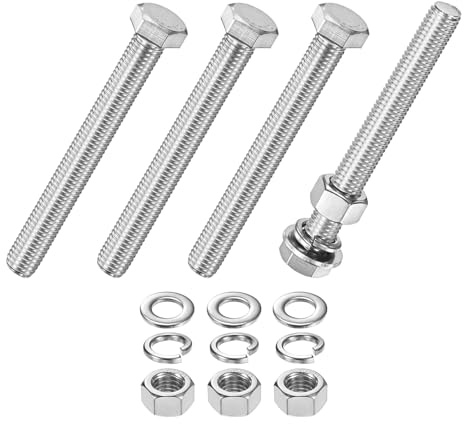 M METERXITY 4Pcs Hex Head Screw Bolt w/Nuts Flat & Lock Washers M12x100mm | Stainless Steel Bolts and Nuts Kit,Fully Threaded Metric Bolt Assortment,for Equipment/Machinery
