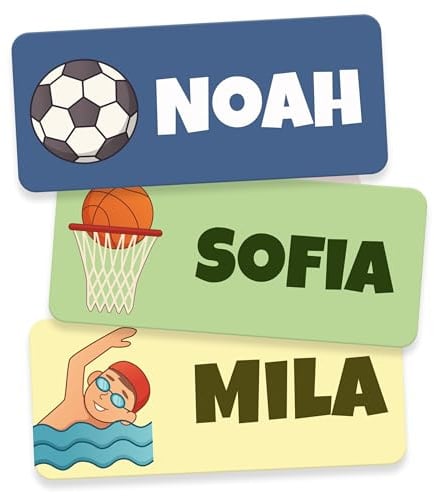 Namensaufkleber Kinder für Schule & Kita (180 Stk, Sport) | Personalisiert & Waschmaschinenfest, Namensschilder für Kleidung, Namensetiketten, Klebeetiketten Namen Kinder
