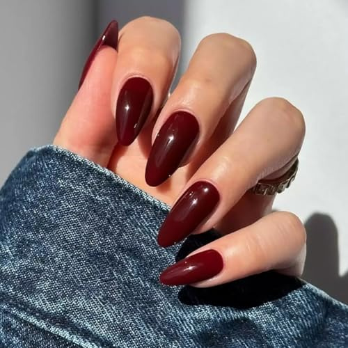Red Press on Nails - Medium Almond Wine Red Fake Nails - Acrylic Full Cover Glue on Nails - Full Cover Stick on Nail Shiny Artificial Nail for Women 24Pcs