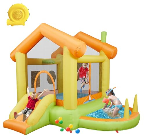 Castillo Hinchable para niños de 10 pies con Ventilador – Uso Interior y Exterior, Funcionamiento en seco/húmedo, Equipo de Salto para Parque acuático con tobogán, Pelotas de océano