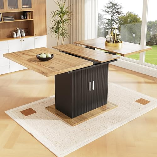 Bladez Table extensible moderne avec espace de rangement et porte en verre, 110 à 140 cm, pour salle à manger, cuisine, salon, appartement, 4 à 6 personnes, noire