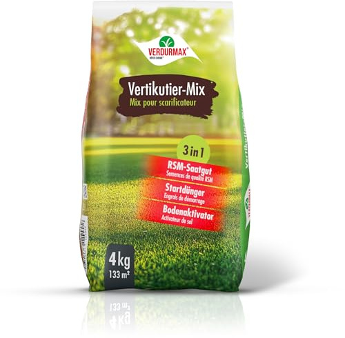 VERDURMAX 4 kg Vertikutier-Mix 3in1 | RSM Nachsaat mit Startdünger & Bodenaktivator – Rasendünger für schnelle Rasenregeneration nach dem Vertikutieren – dichter,