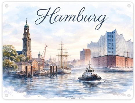 speecheese Metallschild in 15x20 cm Hamburg Stadt Hafenszene mit Schriftzug | Lustiges Blechschild mit maritimem Spruch