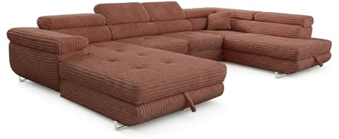 SOFILAND Cordo U XXL Wohnlandschaft mit Schlaffunktion und 2 Bettkästen - Breitcord Tilia - U-Form Sofa (Terrakotta, Rechte Seite)