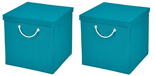 CM3 2 Stück Türkis Faltbox 30 x 30 x 30 cm Aufbewahrungsbox faltbar mit Kordel und mit Deckel