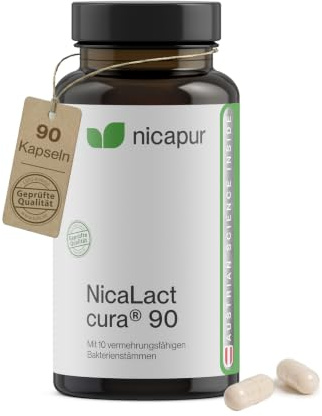 nicapur NicaLact cura 90, mit 10 Bakterienstämmen & Inulin, 90 Kapseln | Nahrungsergänzungsmittel mit vermehrungsfähigen Bakterienstämmen – Für Balance des Darmmikrobioms – Vegetarisch & laktosefrei