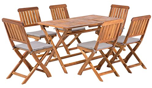 Gartentisch Set Akazienholz dunkelbraun Tisch mit 6 Stühlen Auflagen grau Cento