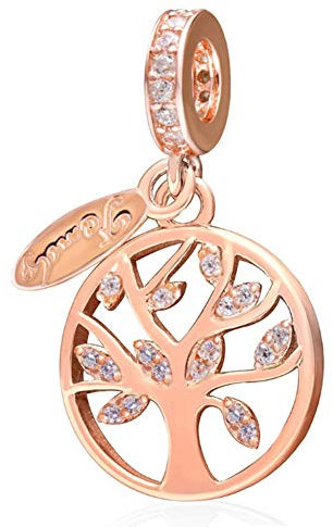 Abalorio de plata de ley 925 con diseño de árbol familiar, para pulsera Pandora (chapado en oro rosa)